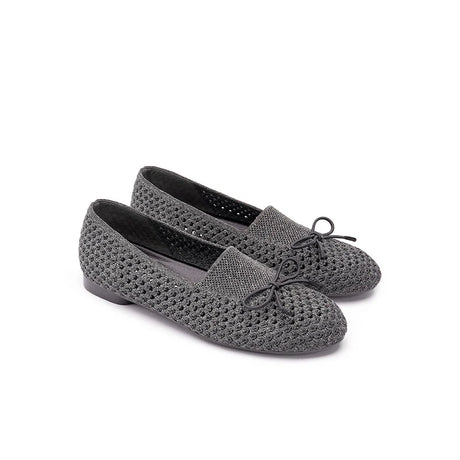 Bow Hollow Mesh Knit Round Toe Low Heel Flats - Charcoal