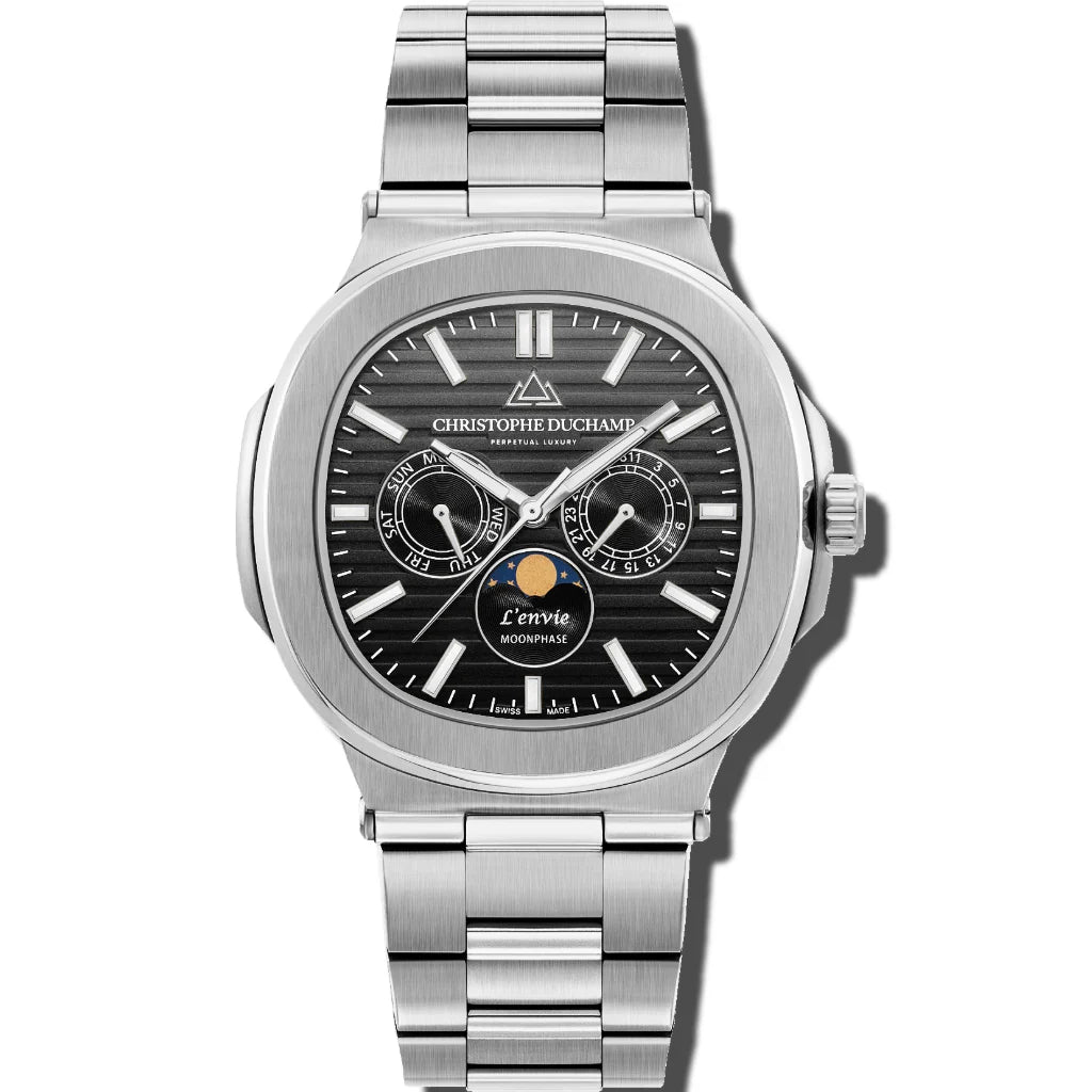 Christophe Duchamp L'envie Moonphase - Black Dial & 316L Stainless Steel Strap