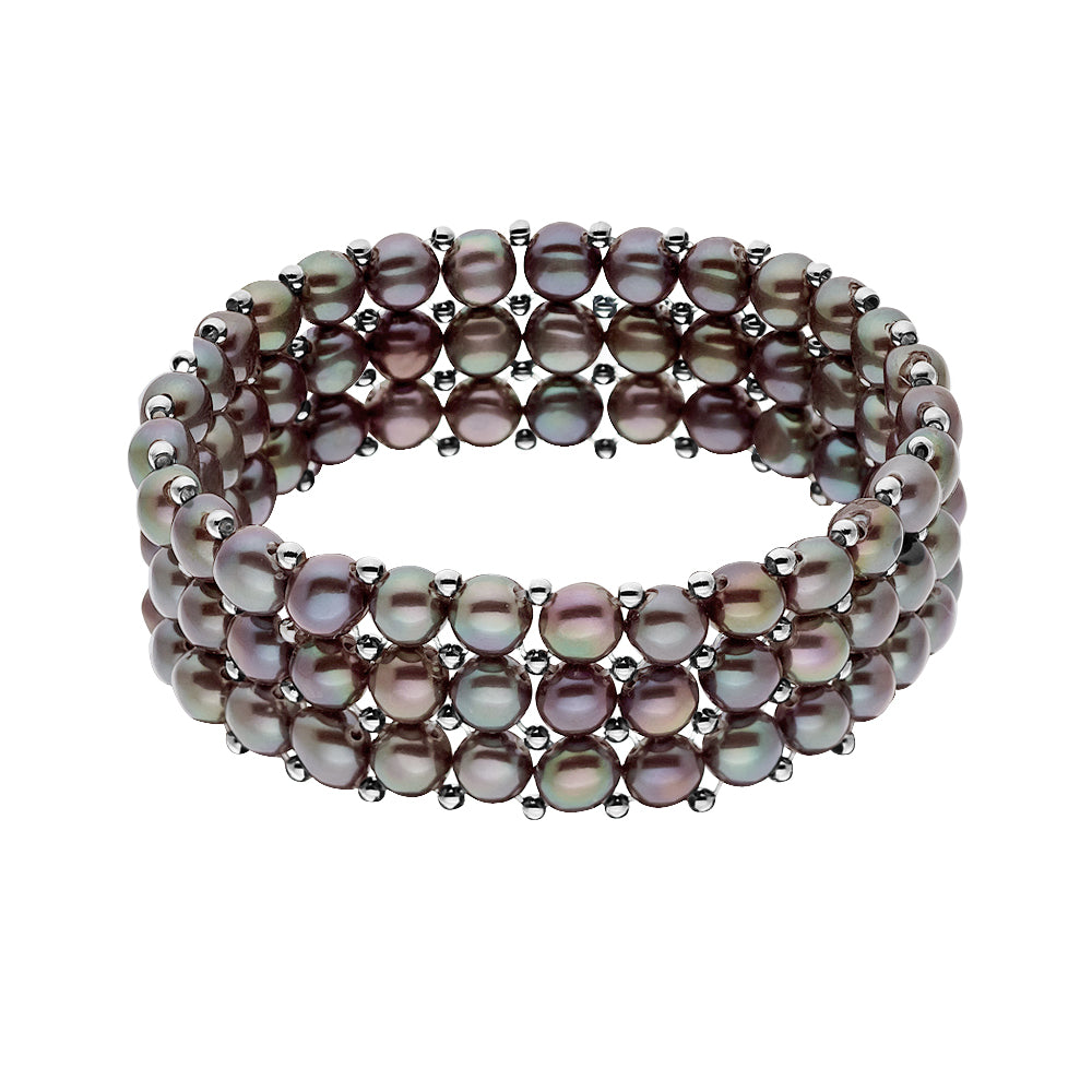 Bracelet 3 Rows of Real Freshwater Pearls 4 mm - Black "Tahitian Style" - Longueur 42 cm