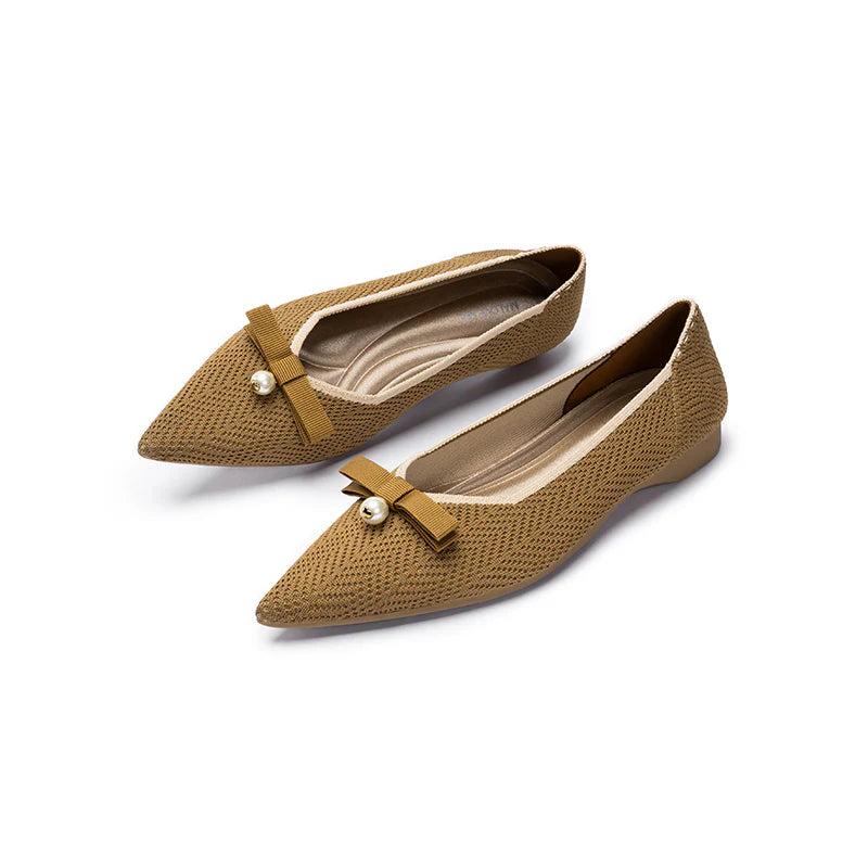 Sarah Casual Pearl Bow Commuter Flats - Tan