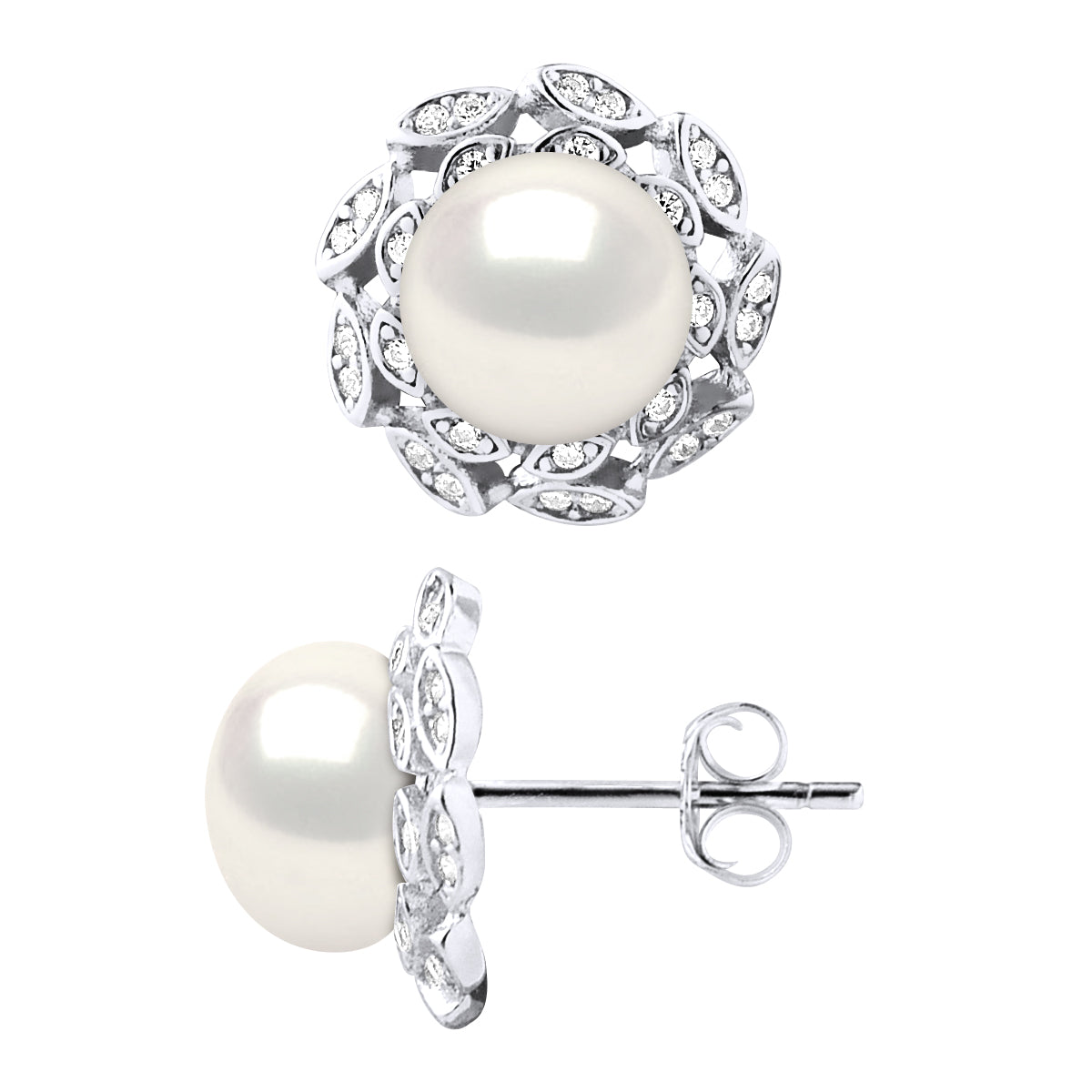 Earrings Real Cultured Freshwater Pearls Button 8-9 mm - Natural White - Length Rod 0,8 cm