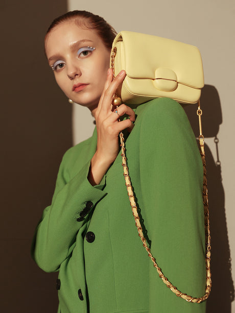 Structured Buckle Leather Shoulder Bag - Yellow