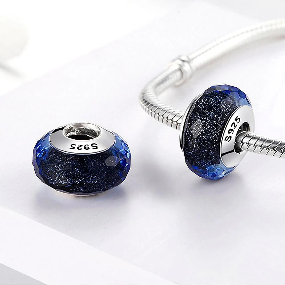 Solid 925 Sterling Silver Pale Dark Sapphire Stardust Murano Glass Charm