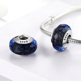 Solid 925 Sterling Silver Pale Dark Sapphire Stardust Murano Glass Charm