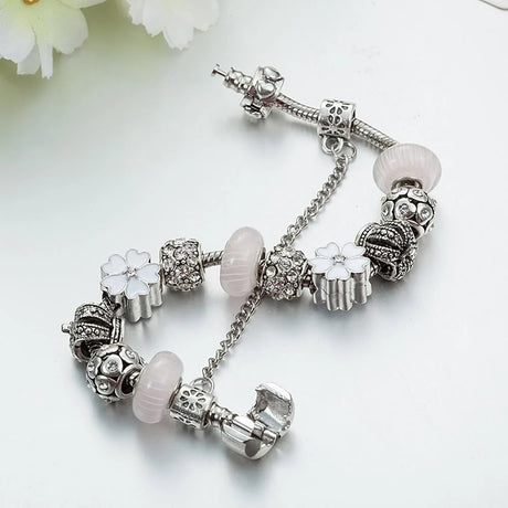 Pandora Inspired Full Set Beaded Charm Bracelet - White