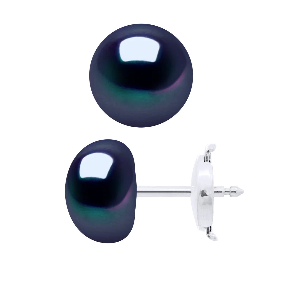 Earrings Prestige Button Freshwater Pearl Black White Gold 8-9mm