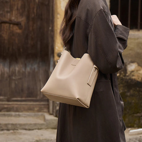 Nalandu Minimalist Genuine Leather Bucket Shoulder Bag - Taupe
