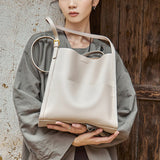 Nalandu Minimal Soft Leather Commuter Tote Bag - Ivory