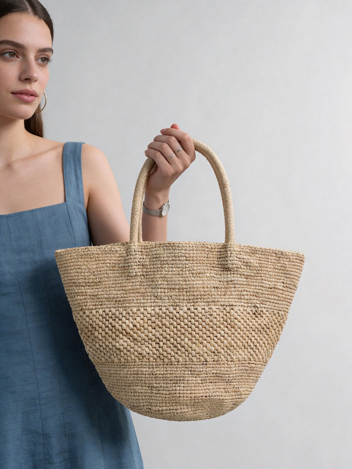Handwoven Raffia Half-Moon Basket Tote Bag - Natural
