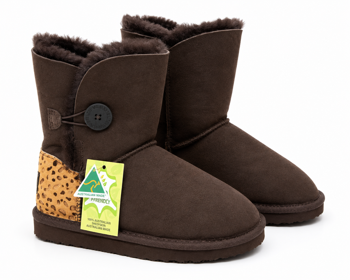 Australian Leather Ugg 1Button Cheetah Uggs - Chocolate - AU4