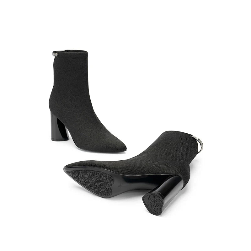 Pointed Toe Block Heel Knit Ankle Boots - Black