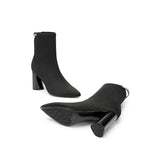 Pointed Toe Block Heel Knit Ankle Boots - Black