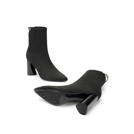 Pointed Toe Block Heel Knit Ankle Boots - Black