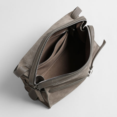 Suede Belted Shoulder Bag – Wave-Zip Leather Trim Bag