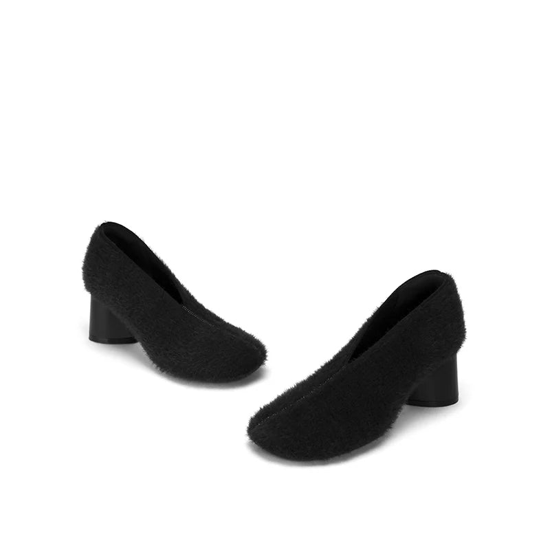 Fuzzy Round Toe Block Heel Pumps - Black