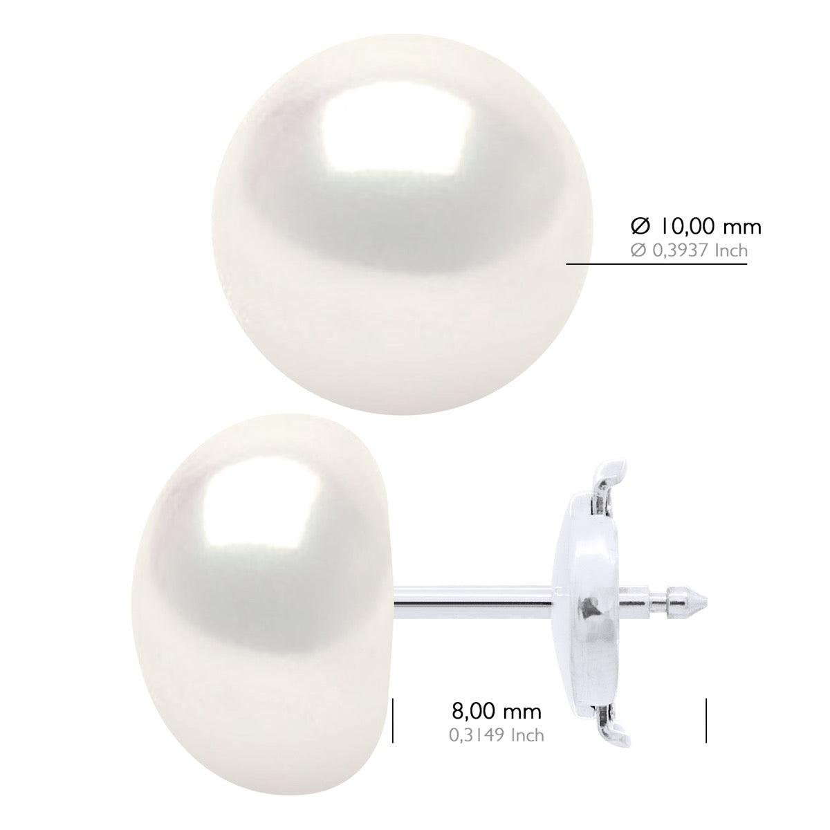 Earrings In Yellow Gold 375 and Real Cultured Freshwater Pearls Button 10-11 mm - Natural White - Longueur 42 cm