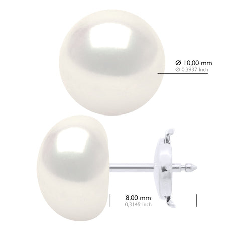 Earrings In Yellow Gold 375 and Real Cultured Freshwater Pearls Button 10-11 mm - Natural White - Longueur 42 cm