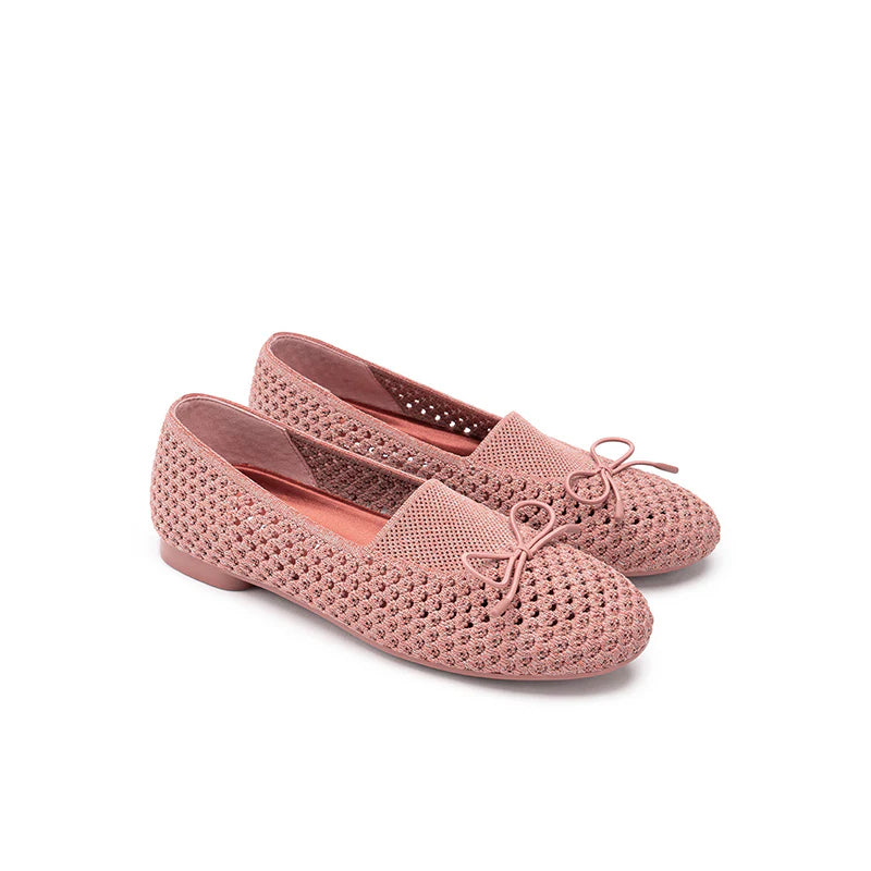 Bow Hollow Mesh Knit Round Toe Low Heel Flats - Coral