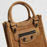 Suede Mini Moto Bag – Studded Top-Handle Crossbody Bag with Tassel