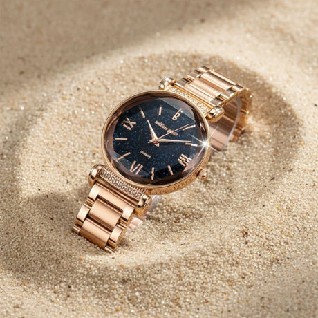 Boxed Black Face Watch & Earrings Set In Rose Gold