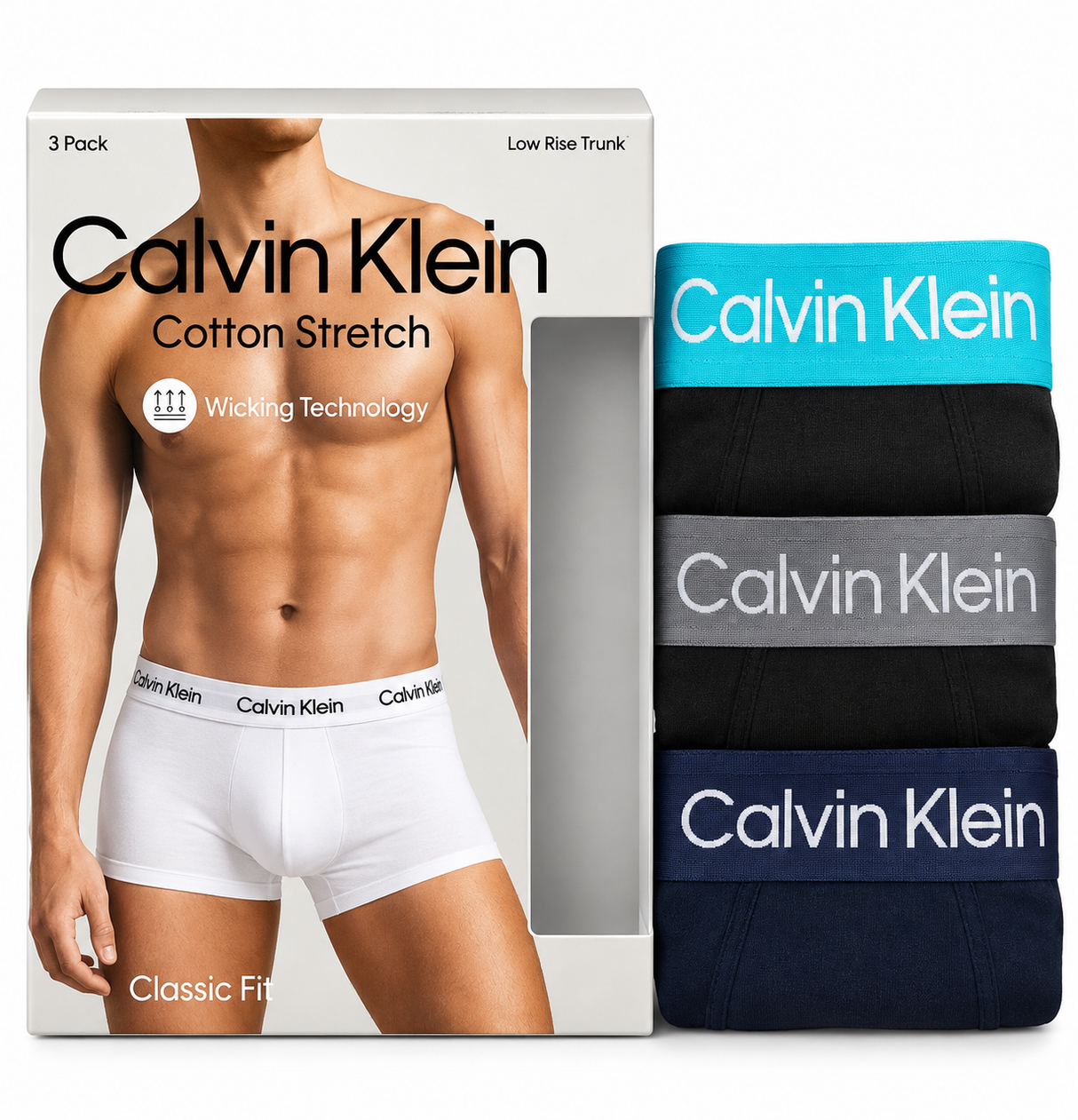Calvin Klein Men's Cotton Stretch 3 Pack Low Rise Trunk - Black/Grey/Blue