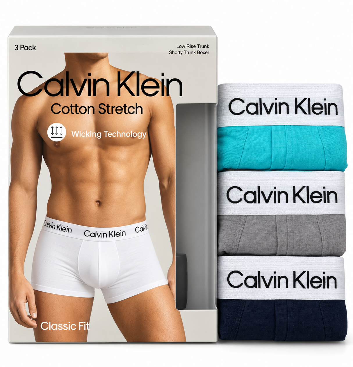 Calvin Klein Men's Cotton Stretch 3 Pack Low Rise Trunk - Cool Water/Grey Sand/Evening Blue with White
